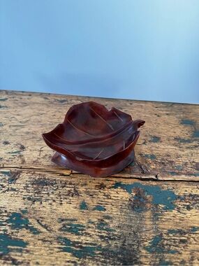 Carved Leaf Trinket Dish - Rich Mahogany Brown